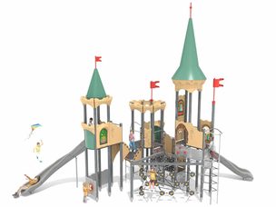 Castel cu trei turnuri pentru loc de joacă cu tobogane și structură de frânghii - BGL-8616